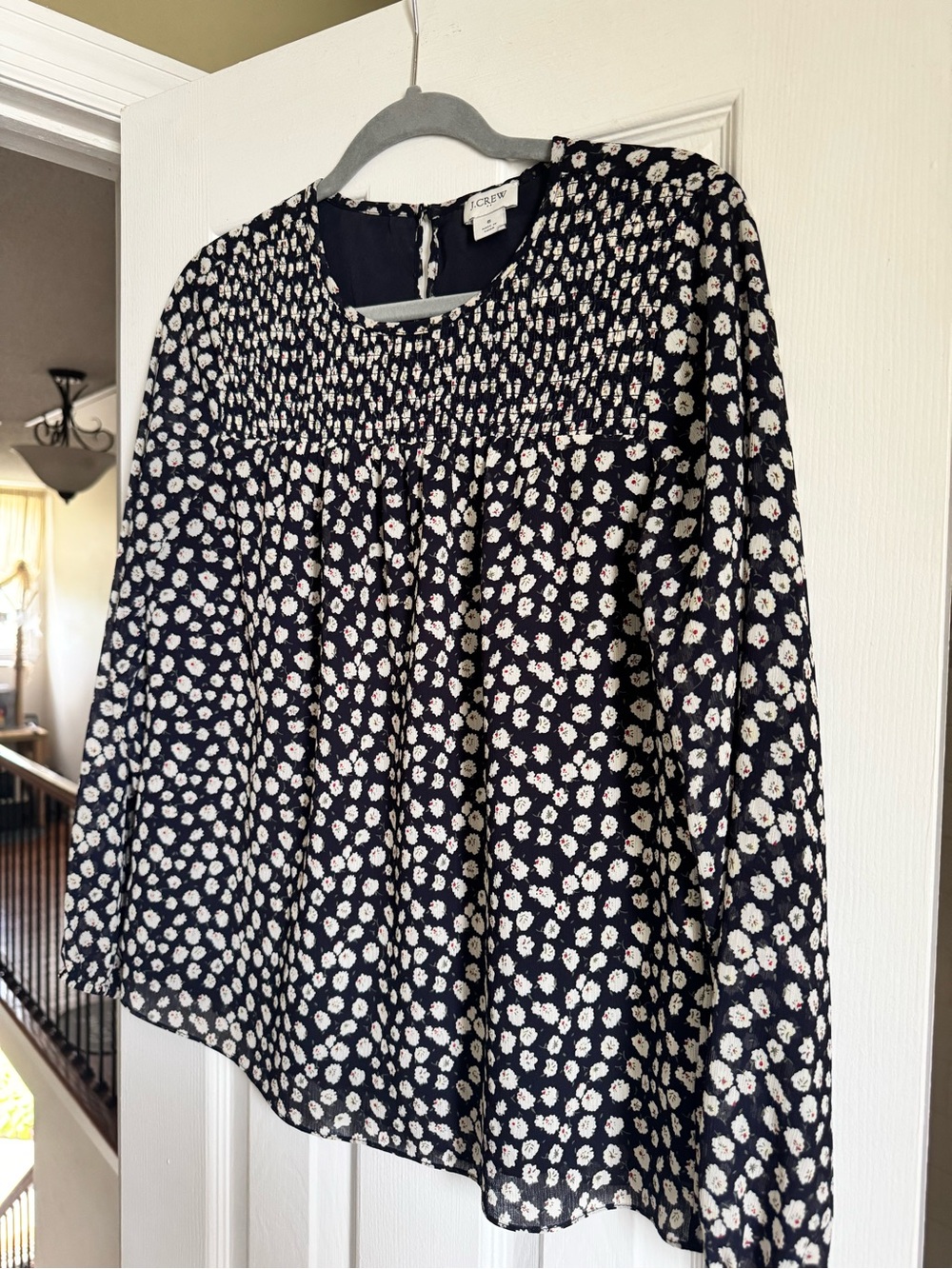 J. Crew Floral Print Smocked Yoke Navy Blouse